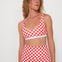 Woman wearing a red and white checkered two-piece, bralette swim top and original betty bottoms outfit on a plain background